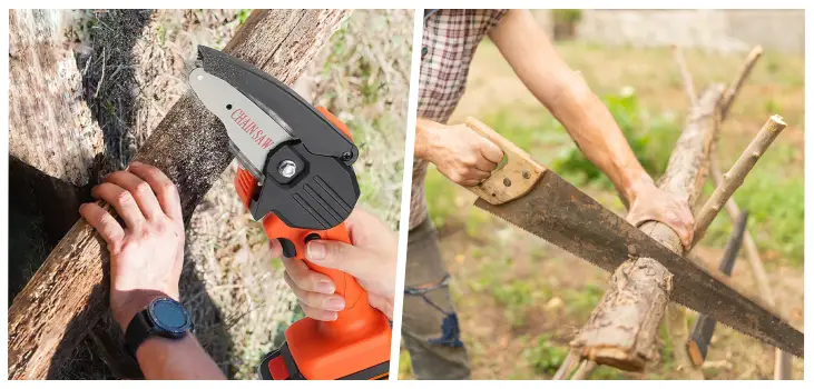 collage of man using WoodRanger and a dangerous traditional chainsaw